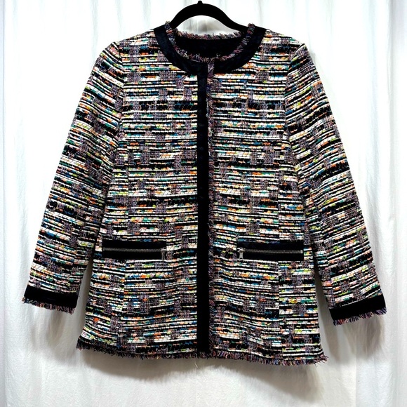 Ann Taylor Tweed Jacket Blazer Textured Fringe Multicolor Full Zip Size XS - Picture 1 of 16